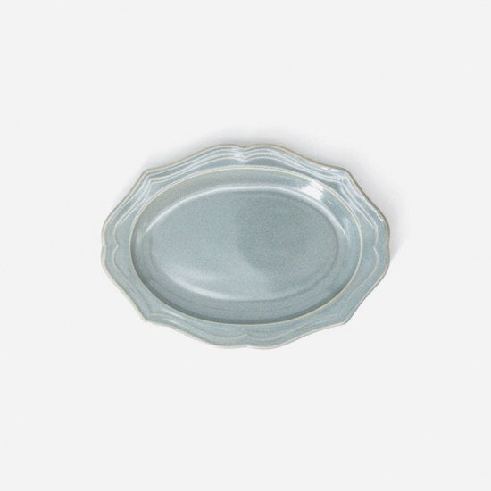 Vanves｜浮雕橢圓深中皿 - 橄欖灰 日本美濃燒(24cm)